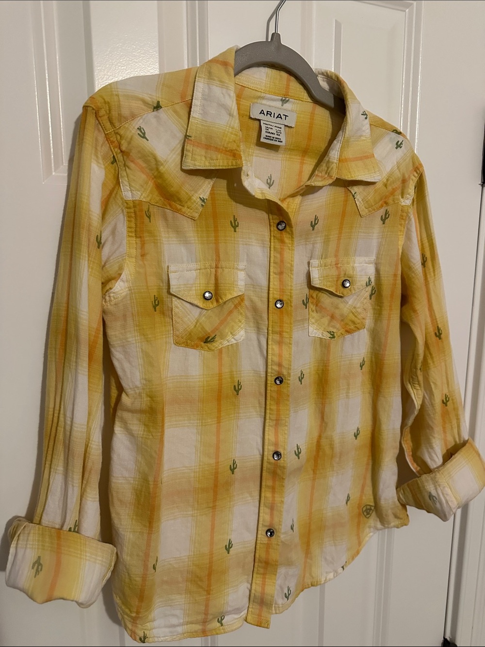 Ariat girls western Glenrock Yellow Plaid Snap-Front Shirt with Cactus Motif